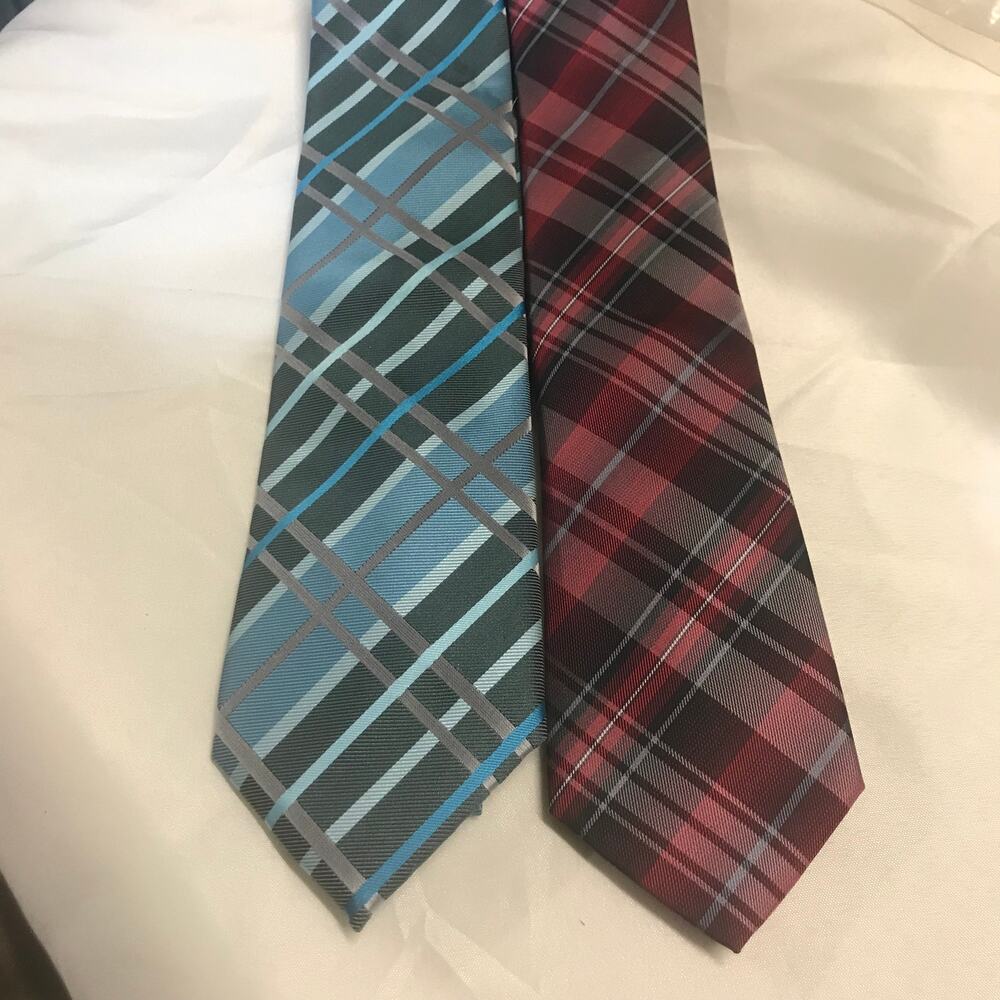 Mens Necktie Lot of 2 Plaid Blue Red